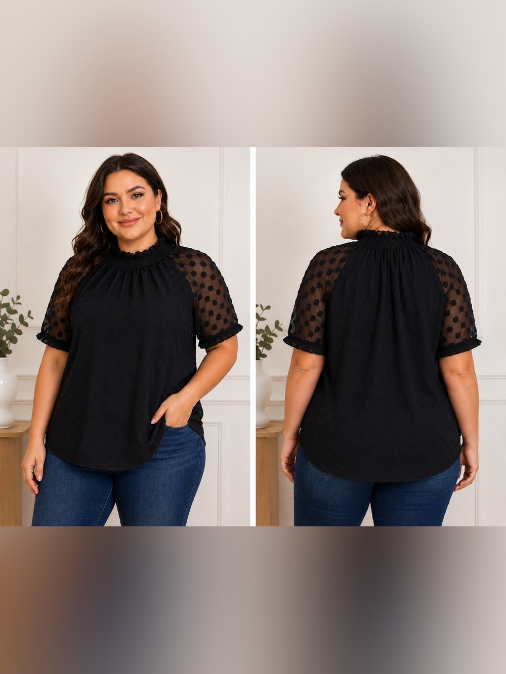 Ember Women’s Size Large Black Swiss Dot Sheer Short Sleeve Blouse NWT